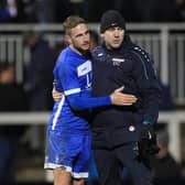 Hartlepool United manager Dave Challinor and Gary Liddle embrace at the end of the Vanarama National League match between Hartlepool United and Stockport County at Victoria Park, Hartlepool on Saturday 25th January 2020. (Credit: Mark Fletcher | MI News)