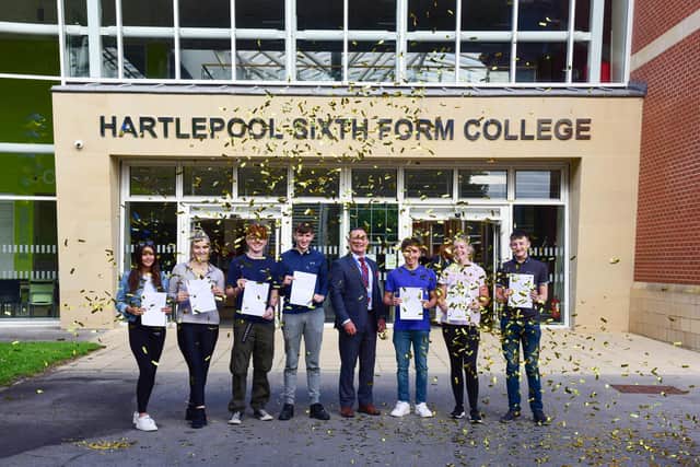 Successful A-level students at Hartlepool Sixth Form College. Left to right: Paige Roberts, Alix Willis, Adam Strong, Daniel Harker, Head of Sixth Form Mark Hughes, Theo Corbett, Ellie Mullender and Thomas Bailey.