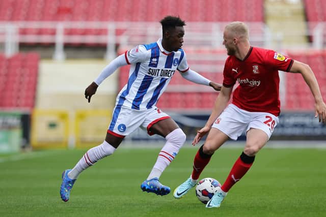 Clarke Oduor scored his first goal for Hartlepool United since his loan move from Barnsley. (Credit: Dave Peters | Prime Media | MI News)