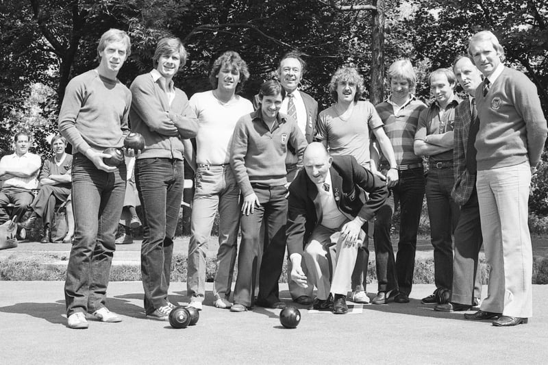 Sunderland footballers at Wearmouth CW Bowling Club's new bowling green at Carley Hill in 1980. Pictured left to right are: Steve Whitworth, Claudio Marangoni, Kevin Arnott, Stan Cummins, Tommy Wilson (Welfare Secretary and bowls club chairman), member Albert Fenwick, bowling , Barry Dunn, Shaun Elliott, Bryan Robson, Bill Ogilvie (Welfare Officer NCB), and manager Ken Knighton.
