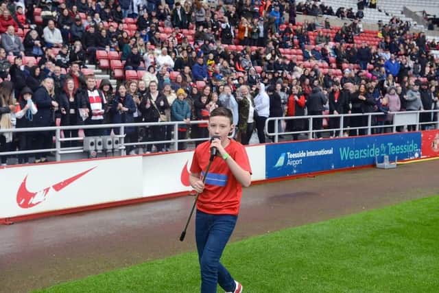 Charlie singing at the Stadium of Light in support of The Bradley Lowery Foundation.