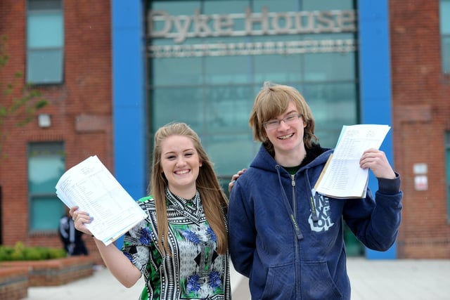 Beth Scott and Matthew Watson celebrate their GCSE results at Dyke House Academy in 2014.
