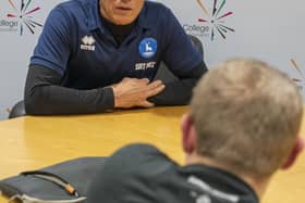 Hartlepool manager Keith Curle at his college press conference.