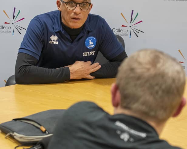 Hartlepool manager Keith Curle at his college press conference.