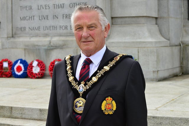 The Ceremonial Mayor of Hartlepool Councillor Brian Cowie, during the Falklands Parade held at the Cenotaph, Victoria Road. Picture by FRANk REID