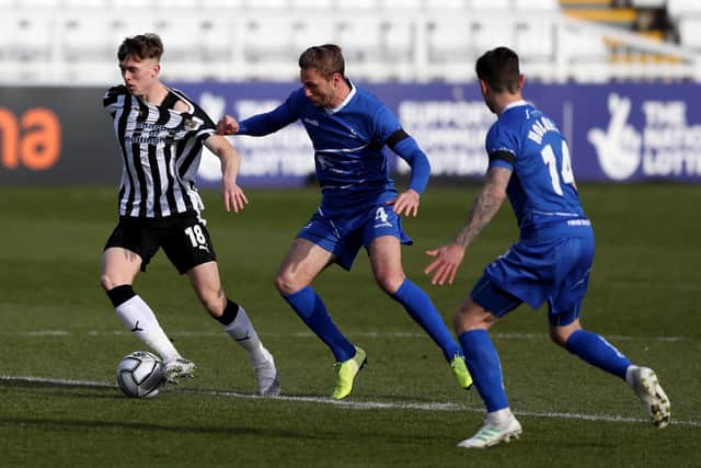 Gary Liddle of Hartlepool United and Jimmy Knowles of Notts County during the Vanarama National League match between Hartlepool United and Notts County at Victoria Park, Hartlepool on Saturday 10th April 2021. (Credit: Chris Booth | MI News)