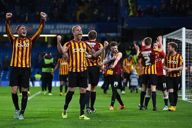 Garry Liddle and Andrew Davies of Bradford celebrate at the end of the FA Cup Fourth Round match between Chelsea and Bradford City at Stamford Bridge on January 24, 2015 in London, England.  (Photo by Mike Hewitt/Getty Images)