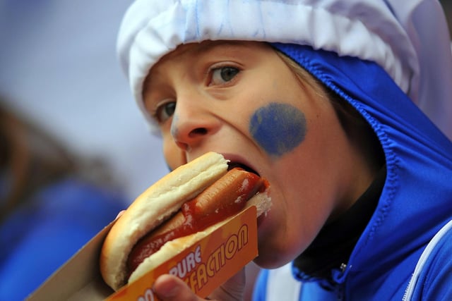 A young Pools fan dressed as a Smurf was enjoying a hot dog at half time of his team's game with Charlton 10 years ago.
