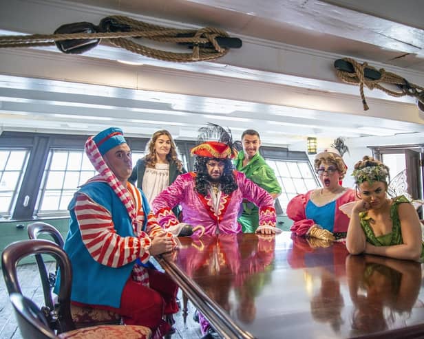The cast of Peter Pan and the Lost Boys promote the new Hartlepool pantomime during a visit to the town's HMS Trincomalee.