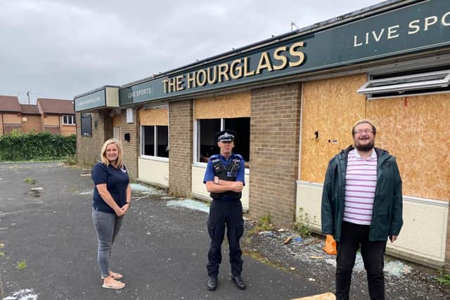 Left to right: Councillor Pamela Hargreaves, PCSO Paul Devonport and Cllr Ben Clayton at the derelict pub.
