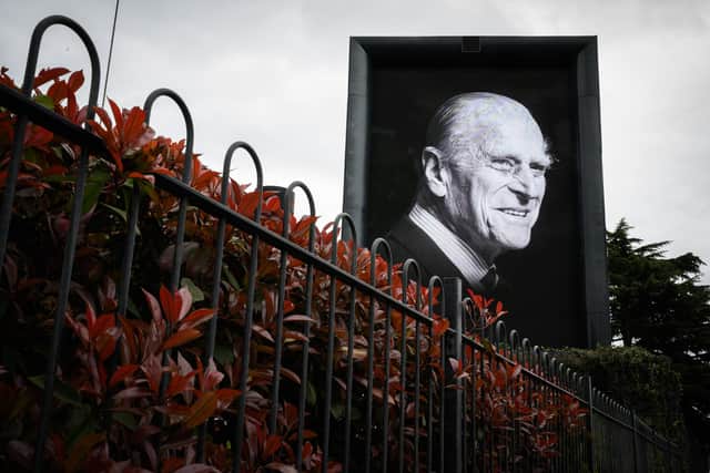 A digital billboard displays a portrait of Prince Philip, Duke Of Edinburgh who died at age 99. Picture: Leon Neal/Getty Images.