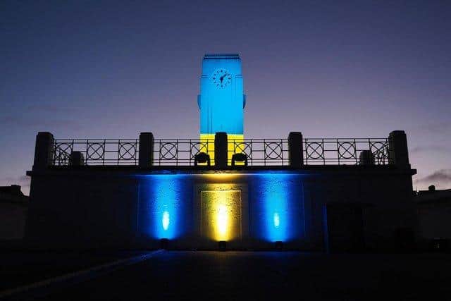 Seaton Carew Clock Tower was recently illuminated in the colours of the Ukrainian flag./Photo: Frank Reid