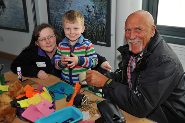 It's not just the great outdoors which can be enjoyed at Saltholme. Here are Sarah Kaye (Field Teacher Intern), Matthew Stevens and his granddad Fred Pratt making bird nesting pots inside the RSPB centre in 2013.
