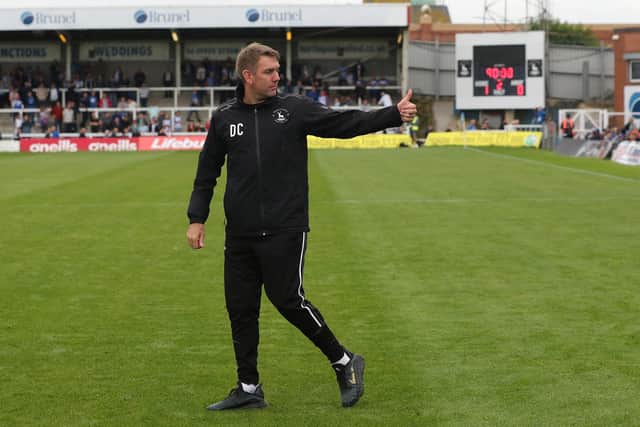 Hartlepool United manager Dave Challinor  during the Sky Bet League 2 match between Hartlepool United and Crawley Town at Victoria Park, Hartlepool on Saturday 7th August 2021. (Credit: Mark Fletcher | MI News)