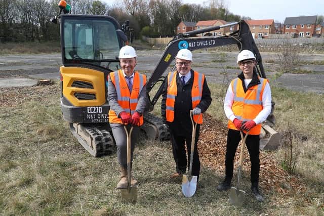 Grahame Morris MP, Graeme Walton, from Partner Construction, and Lewis King, from believe housing, at the Stephenson Mews groundbreaking event.