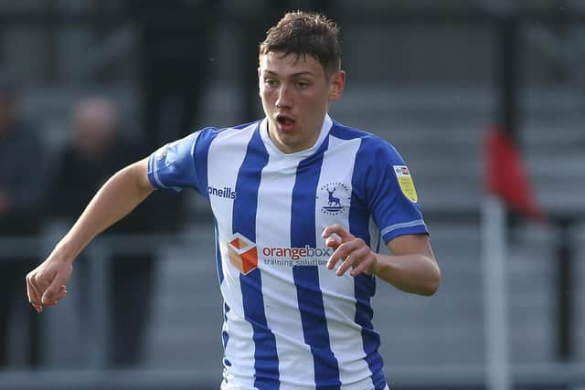 Joe Grey of Hartlepool United in action during the Sky Bet League 2 match between Salford City and Hartlepool United at Moor Lane, Salford on Saturday 16th October 2021. (Credit: Will Matthews | MI News)