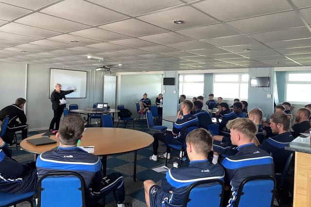 Hartlepool United players learning about mental health issues at a recent workshop.