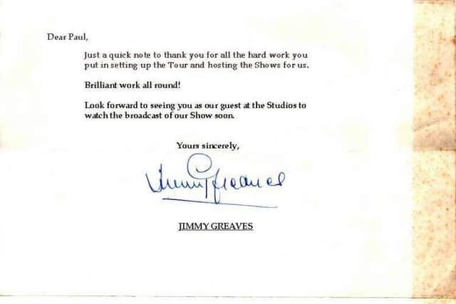 Jimmy Greaves' letter to Goffy following their work together in the North East in 1987.