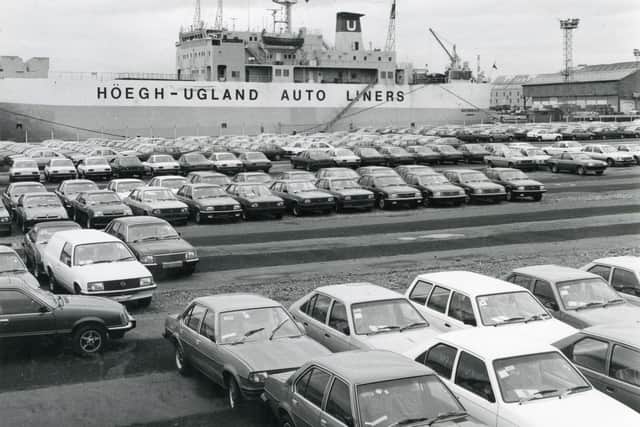 A familiar 1981 scene in Hartlepool with a line up of brand new Opel cars at Hartlepool docks.