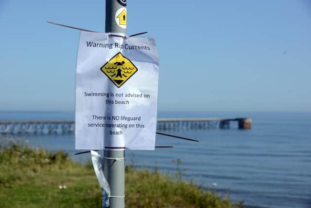 A rip currents warning at Steetley Pier, Hartlepool.