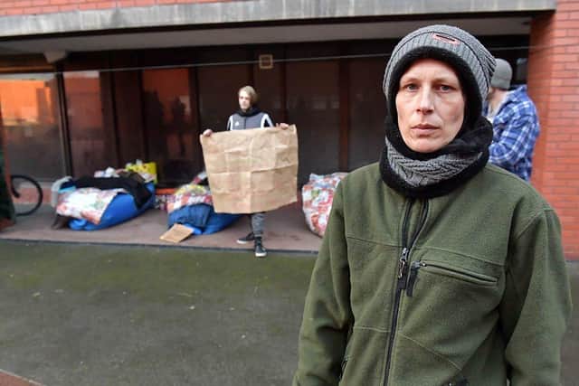 Jaime Horton outside of the former Hartlepool Magistrates Court during the sleepout. Picture by FRANK REID