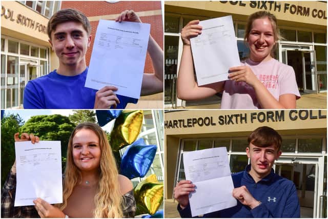 Hartlepool Sixth Form College students with their exam results (clockwise): Theo Corbett, Ellie Mullender, Daniel Harker and Mollie Sheehan.