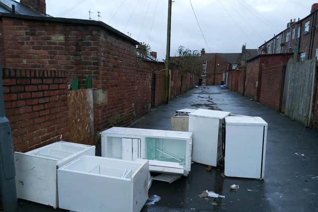 The freezers dumped in the back lane at Sixth Street, Horden.