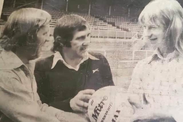 Mick Evans, right, presents a football to Hartlepool United boss Ken Hale, left, and assistant manager Billy Horner, left, who went on to manage the club.