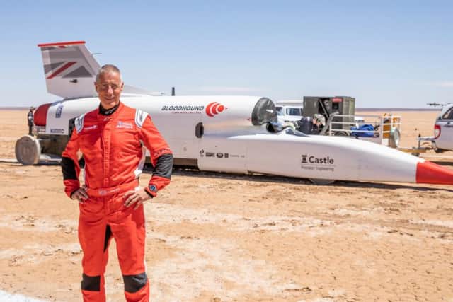Andy Green with the Bloodhound car in South Africa.