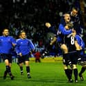 Ritchie Humphreys of Hartlepool United celebrates with his team after winning the  League One semi-final, second leg play-off match between Tranmere Rovers and Hartlepool United at Prenton Park on May 17, 2005 in Tranmere, England. (Photo by Bryn Lennon/Getty Images)
