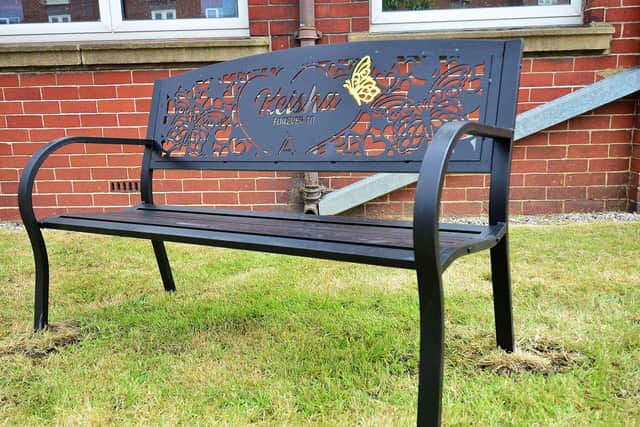 The bench at the school's front garden in memory of Keisha.