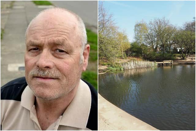 Fens and Rossmere ward councillor Tony Richardson and Rossmere Park pond where he rescued two ducks tangled in fishing wire.