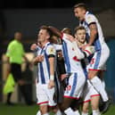 Mark Shelton celebrates his goal for Hartlepool United in their 3-3 draw with Harrogate Town. (Credit: Mark Fletcher | MI News)