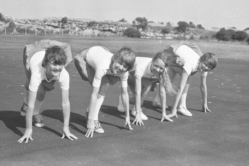 On their marks at the Carley Hill Junior School playscheme in 1979 are left to right: Alison Chipp, 11, Beverley Orr 14, Donna Dennis 11 and Jacqueline Baker 12.