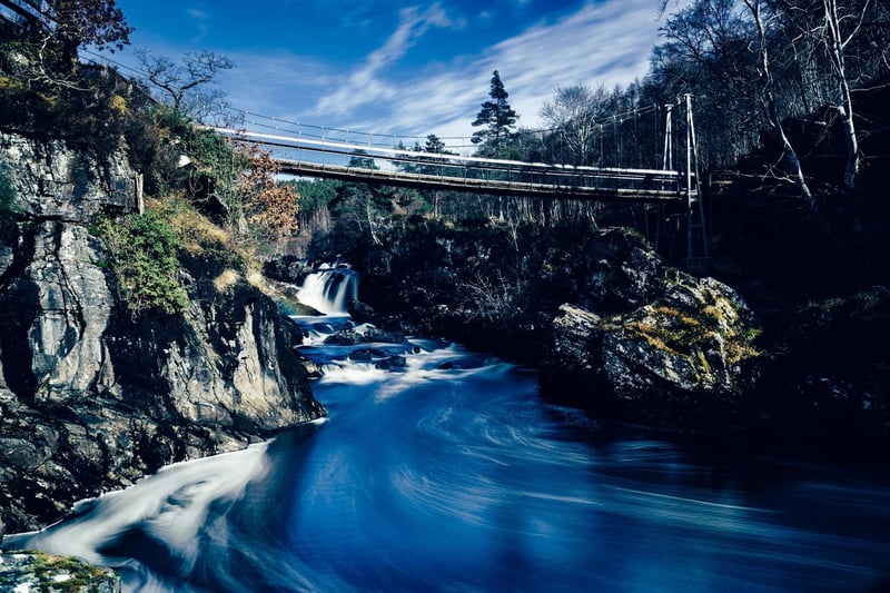 Located north of Inverness, near Strathpeffer, Contin Forest offers peaceful birch, pine and spruce woodland walks. A reward for making it to the far north of the forest are the impressive cascades of Rogie Falls that can be viewed from a bridge over the Black Water River.