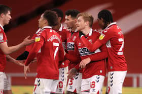Middlesbrough players celebrate Duncan Watmore's second goal against Swansea.
