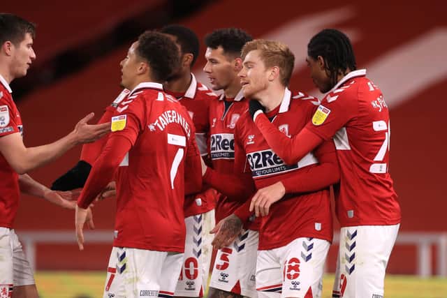 Middlesbrough players celebrate Duncan Watmore's second goal against Swansea.
