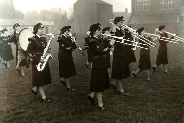 A women's army band performs on the Bull Field back in the 1950s.