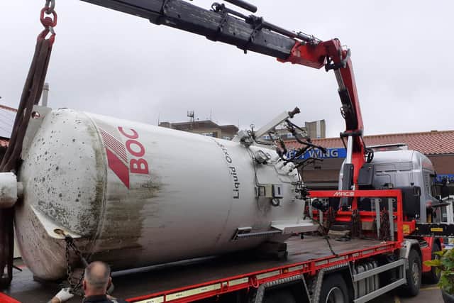 The oxygen cylinder loaded onto the back of a lorry ahead of being moved from the University Hospital of North Tees to the Hartlepool site.
