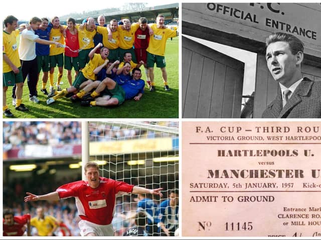 Clockwise from top left, Hartlepool celebrate promotion in 2007, Brian Clough becomes manager in 1965, a match ticket from the FA Cup clash with Manchester United in 1957 and Eifion Williams gives Pools the lead in the 2005 play-off final at Cardiff's Millennium Stadium.