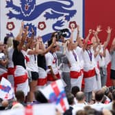 England players with fans during the England Women's Team Celebration at Trafalgar Square. Picture: Warren Little/Getty Images.