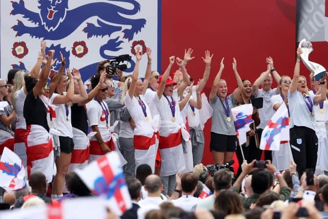 England players with fans during the England Women's Team Celebration at Trafalgar Square. Picture: Warren Little/Getty Images.