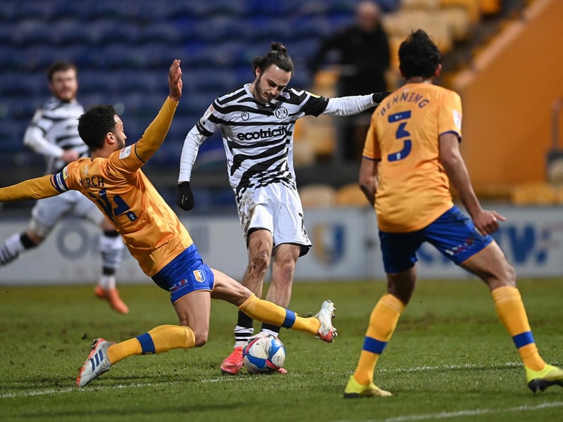 Aaron Collins of Forest Green Rovers has his shot blocked by James Perch.
