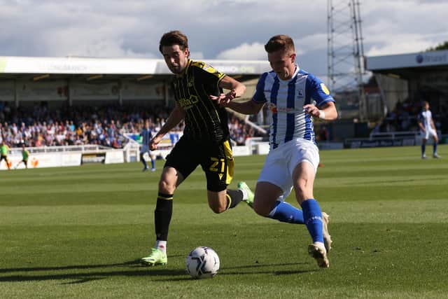 Bristol Rovers' Antony Evans battles for possession with Hartlepool United's Mark Shelton  during the Sky Bet League 2 match between Hartlepool United and Bristol Rovers at Victoria Park, Hartlepool on Saturday 11th September 2021. (Credit: Mark Fletcher | MI News)