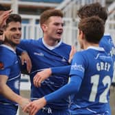 Hartlepool United's Gavan Holohan celebrates with Mason Bloomfield and Mark Shelton after scoring their second goal    during the Vanarama National League match between Hartlepool United and Yeovil Town at Victoria Park, Hartlepool on Saturday 20th February 2021. (Credit: Mark Fletcher | MI News)