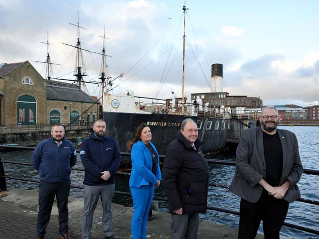 Pictured beside the paddle steamer Wingfield Castle are, from left, Southbay Civil Engineering’s senior site agent Ashley Raine and contracts manager Stephen Truscott, Hartlepool Borough Council managing director Denise McGuckin, Councillor Bob Buchan and council leader Councillor Mike Young.
