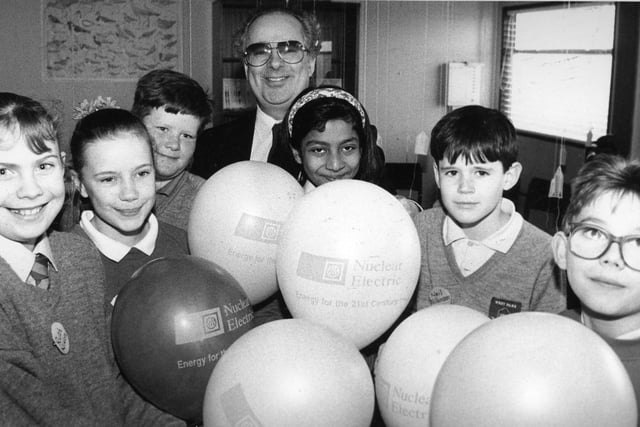 Hartlepool Power Station manager, Tony Capp, pictured with West Park primary school pupils Ruth Nixon, Lauren McLaughlin, Henry Tones, Tanzia Khan, Neil Wilkinson and Thomas Hutchinson at the launch of an on site classroom at the Power Station site in 1993.