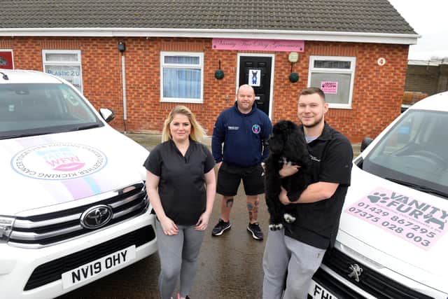 The brand new Paws4Men charity dog walk is coming to Hartlepool in 2021, thanks to Miles For Men working in conjunction with town firm Vanity Fur. Pictured is Micky Day from Miles For Men with Charlotte Martin and Chris Mckie from Vanity Fur.