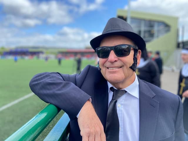 Hartlepool United legend Jeff Stelling dressed as a Blues Brothers character ahead of the Pools clash at Dorking Wanderers on April 20.