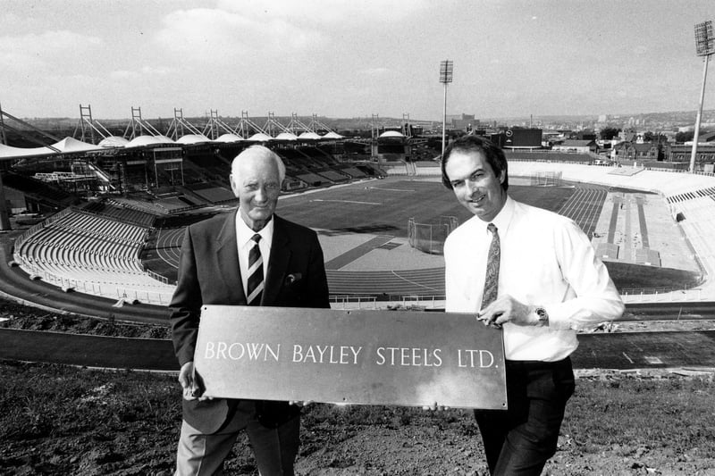 Plaque handover at Don Valley Stadium, built on the site of Brown Bayleys Ltd for the World Student Games, 1990. Ref no U06266